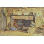 English School (second half 19th century) Farmhouse interior with a figure seated beside an
