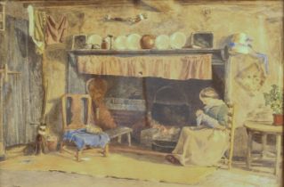 English School (second half 19th century) Farmhouse interior with a figure seated beside an