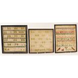 Three late-19th century samplers in matching frames: 1. Lena Mitchel - Age 6 - 1870 (26.5 x 22 cm)