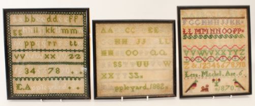 Three late-19th century samplers in matching frames: 1. Lena Mitchel - Age 6 - 1870 (26.5 x 22 cm)