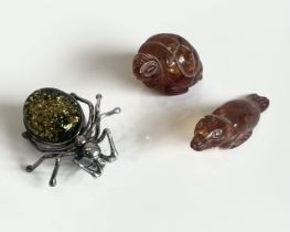 A sterling silver and Baltic amber spider brooch - stamped 925, 33mm long; together with a miniature