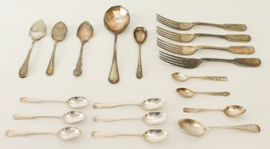 A small group of silver and silver-plated flatware. The silver comprising: 1. a set of six