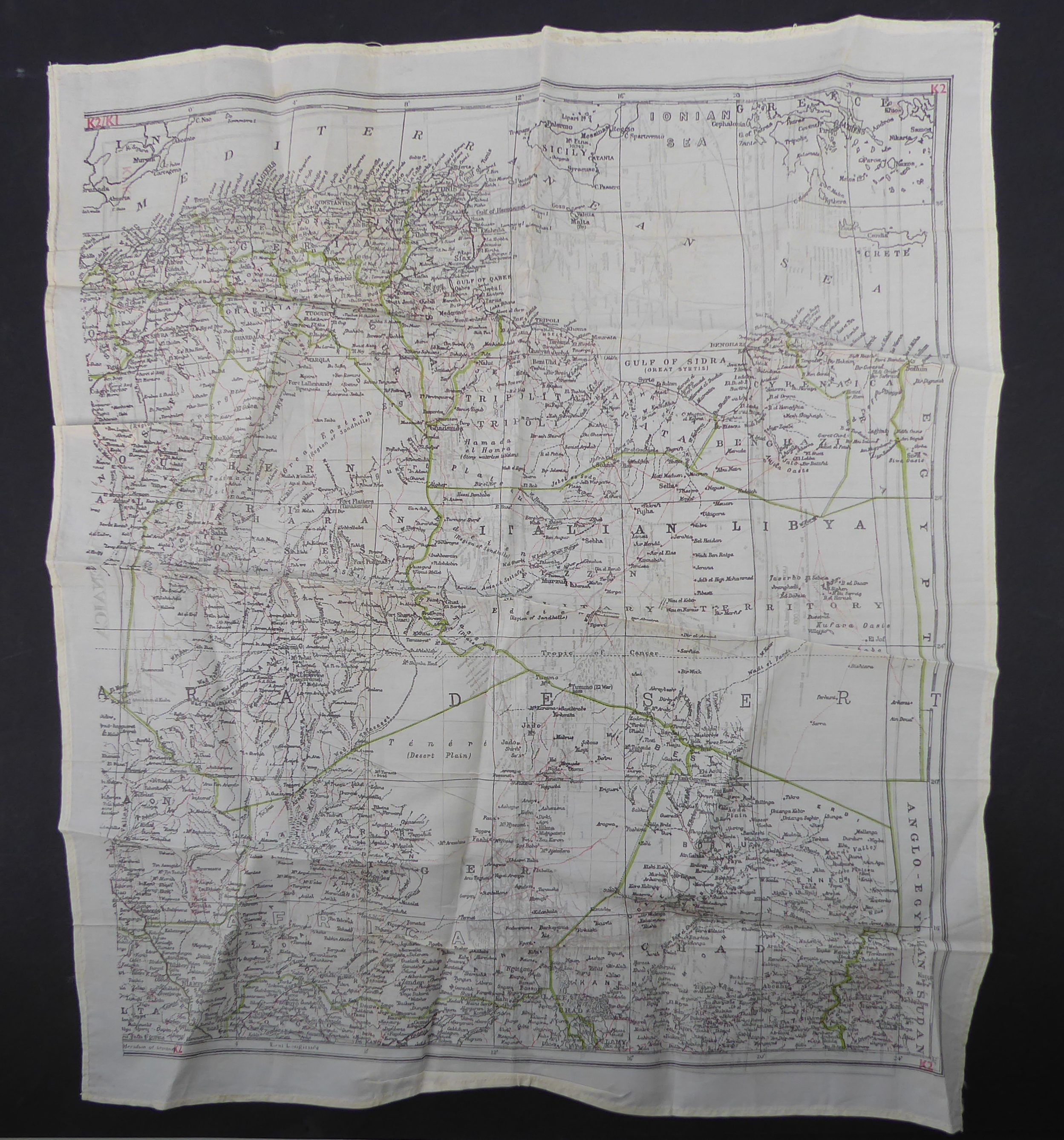 A WW2 Near East RAF / Special Forces silk escape map - printed double sided map K1/K2 Cyrenaica