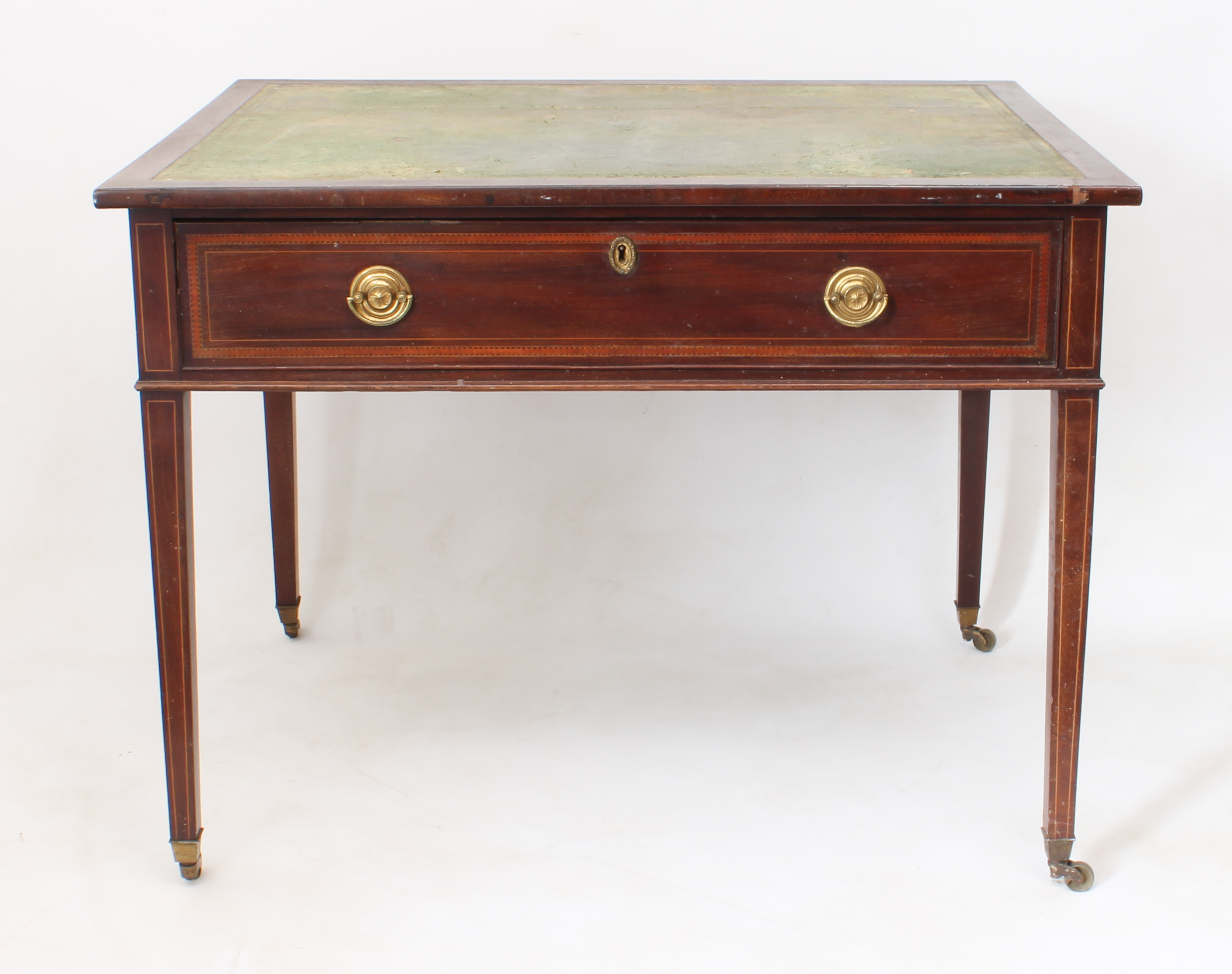 A Regency mahogany writing table - the rectangular top with barber's pole banding and inset tooled - Bild 4 aus 5