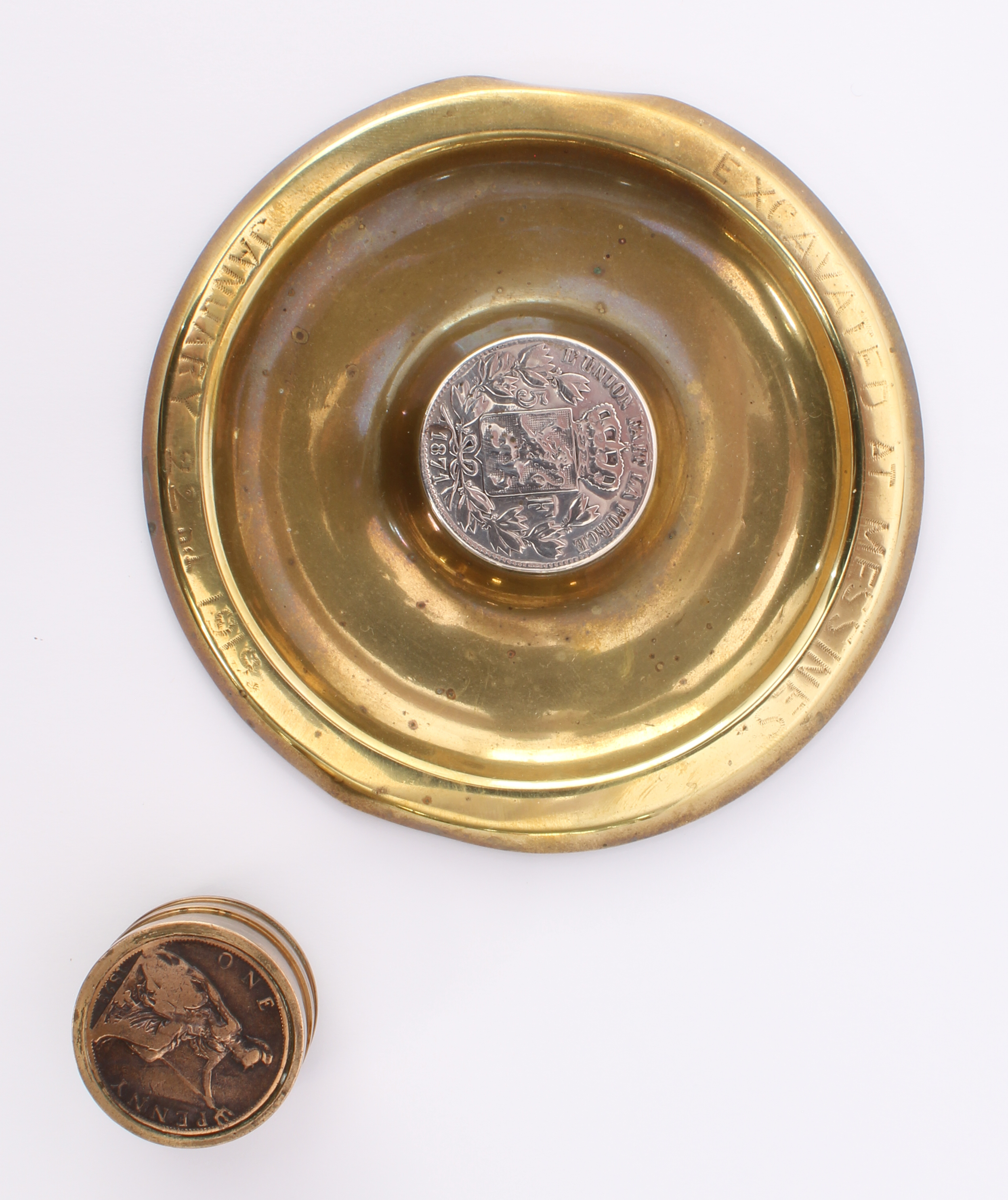 A WW1 trench art shell-case ashtray - inscribed 'Excavated at Messines. January 22nd 1919', with - Bild 2 aus 6