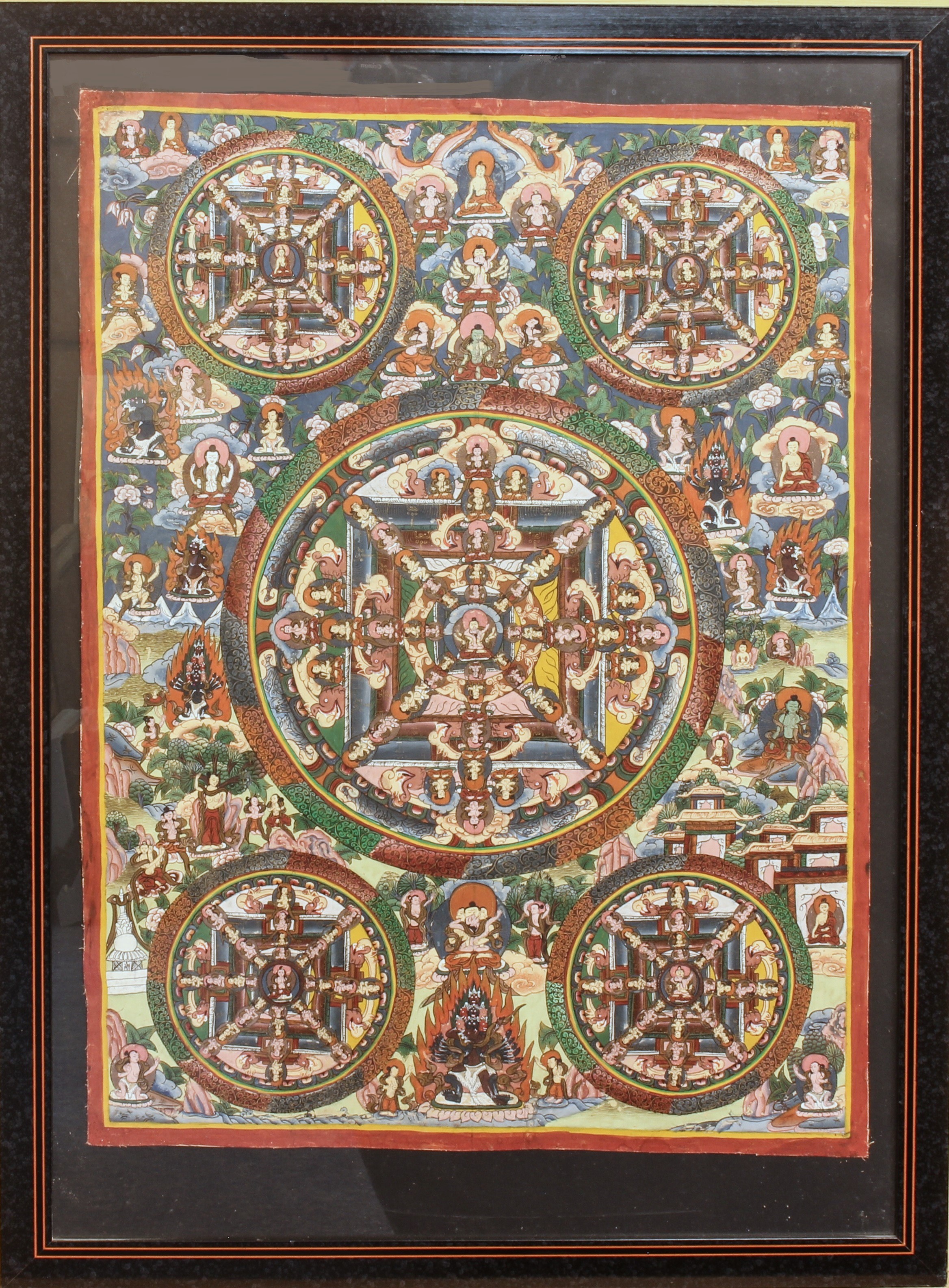 A Tibetan Five Buddhas Mandala Thangka - 20th century, gouache on linen, painted with a central - Image 2 of 3