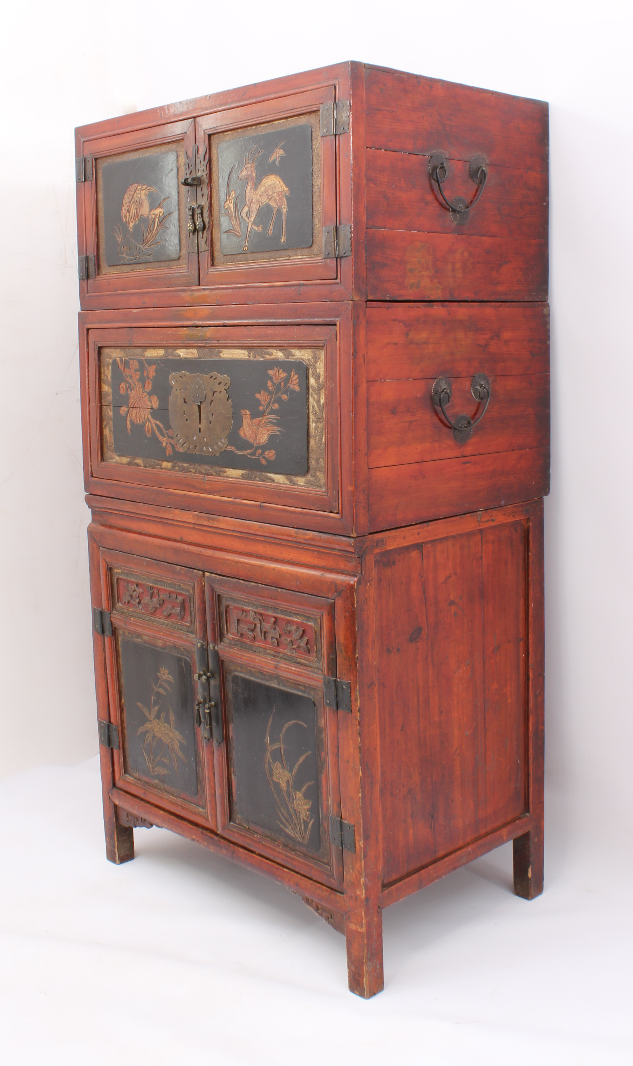 A Chinese red stained pine, lacquered and parcel-gilt three-piece compound cabinet - probably - Image 2 of 6