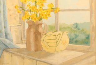 Amanda Henriques (British, contemporary) Still life of daffodils in a jug and an Art Deco teapot
