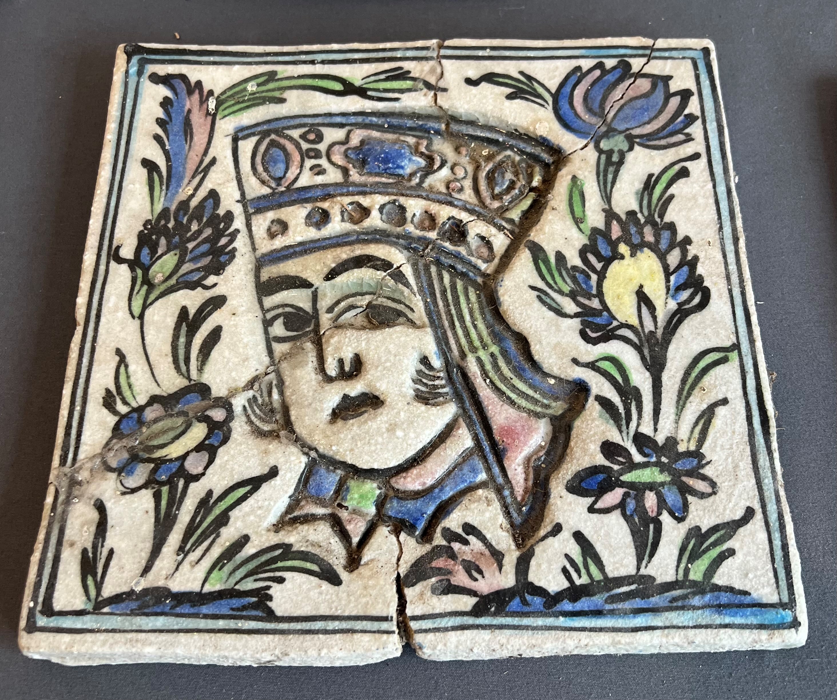 A collection of nine Persian glazed tiles - some antique, including three oval tiles, one 30 cm tile - Image 5 of 9
