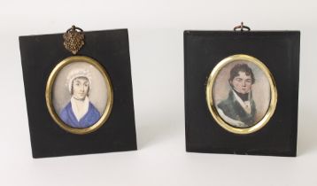 A pair of 19th century portrait miniatures of a lady (Ivory Registration NV4HWV5U) and gentleman (
