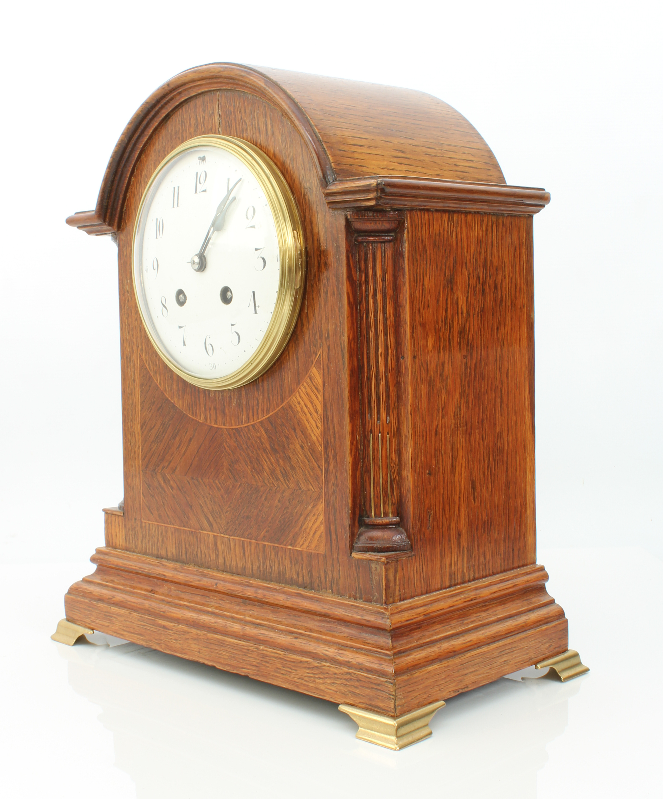 An English oak cased mantel clock - circa 1910, the 5in. white Arabic dial fronting a Samuel Marti - Image 2 of 4