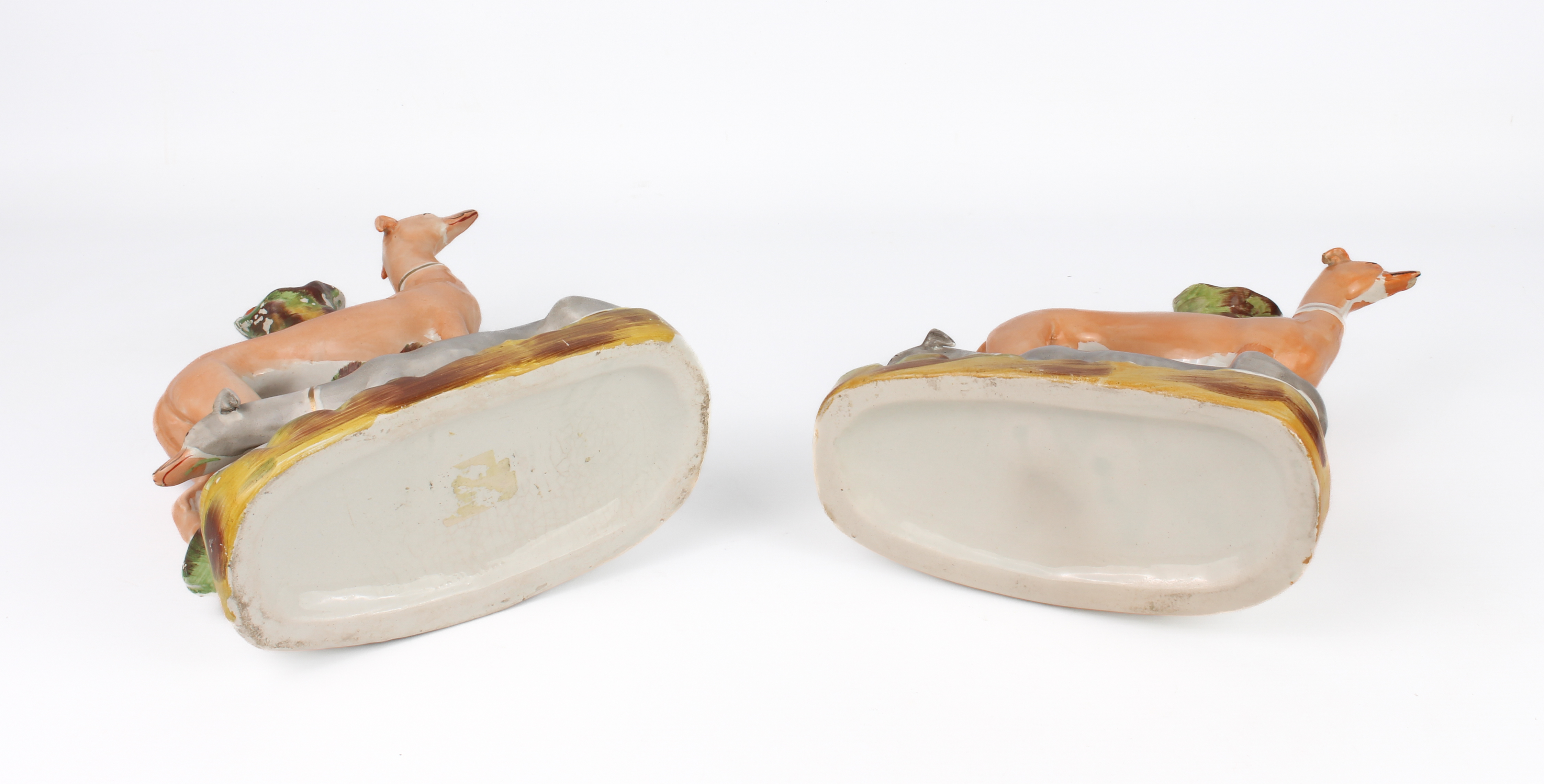 A closely matched pair of Staffordshire pottery greyhound spill vases - 19th century, both right - Image 3 of 3
