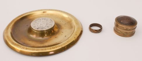 A WW1 trench art shell-case ashtray - inscribed 'Excavated at Messines. January 22nd 1919', with