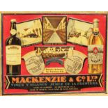 A vintage pressed lithographed tin advertising sign for Mackenzie & Co. Ltd. wine and brandy -