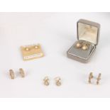 Five pairs of 9ct gold earrings - two pairs set with tiny diamonds; one pair with hook fittings