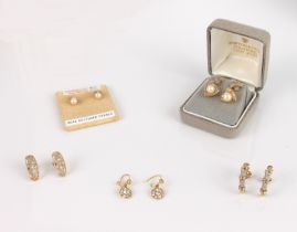 Five pairs of 9ct gold earrings - two pairs set with tiny diamonds; one pair with hook fittings