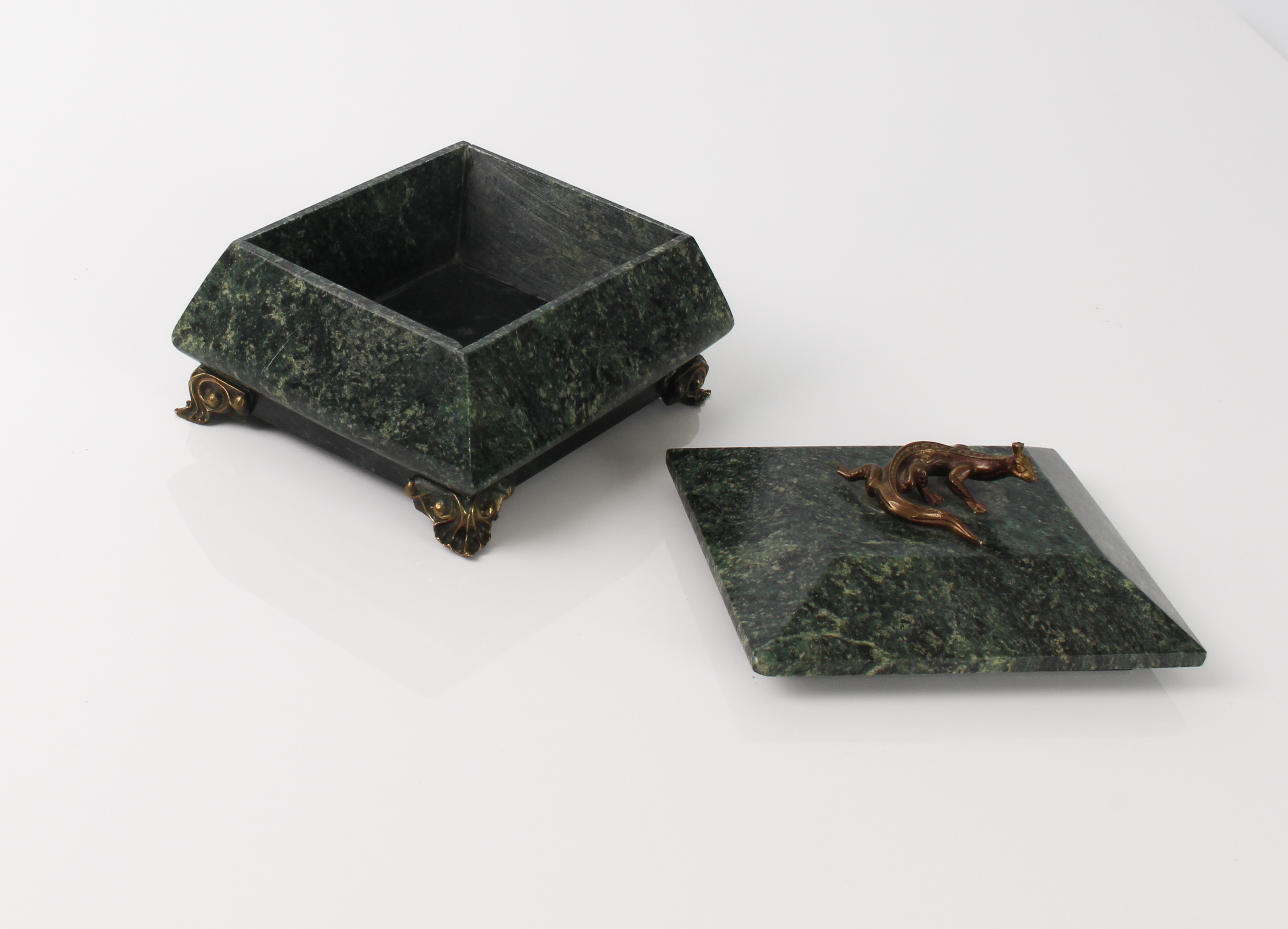 A mottled green marble and brass box - 20th century, of sarcophagus form, the lift-off lid with - Image 2 of 3