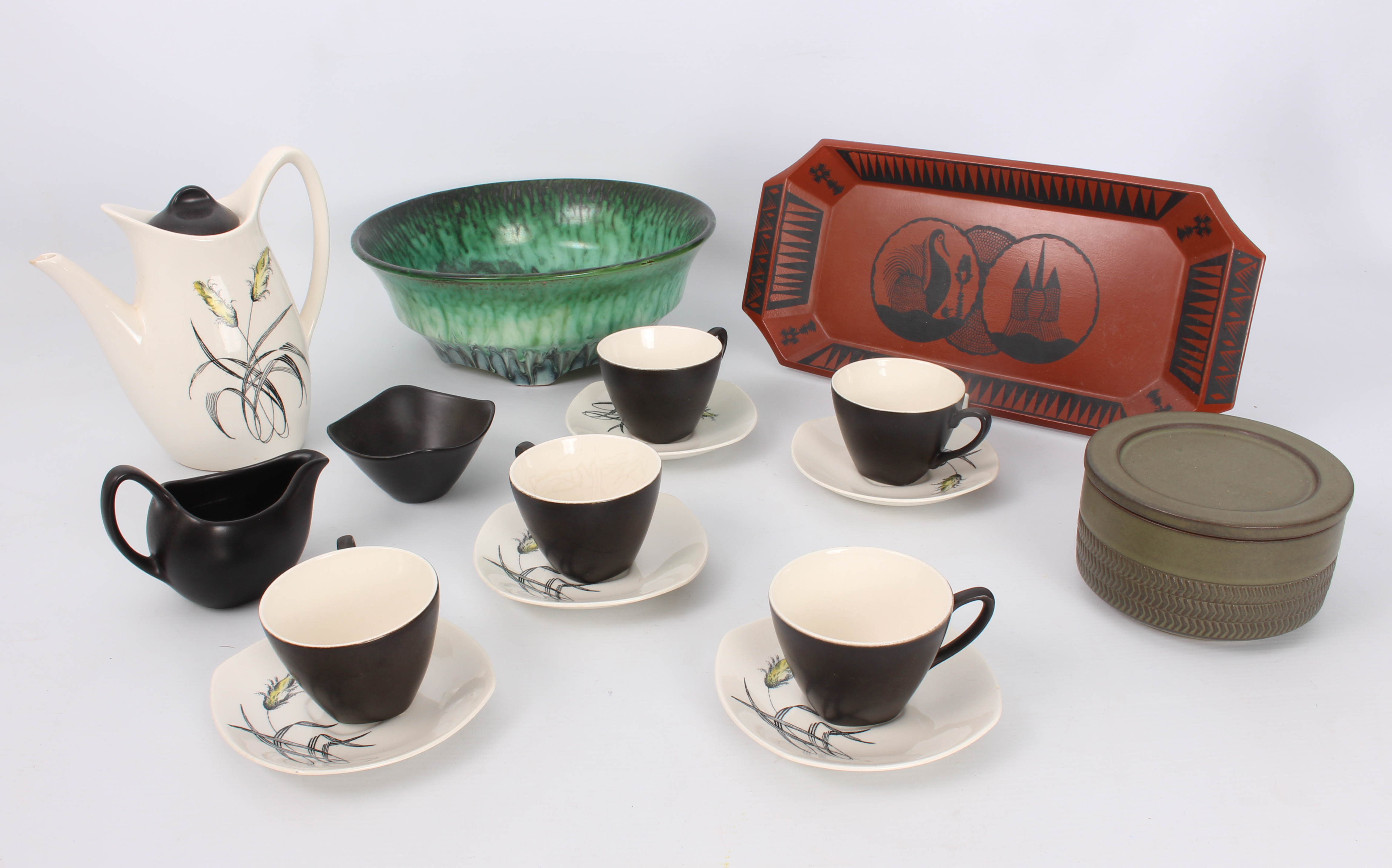 A group of retro 1960s-70s pottery - including a Swedish Upsala-Ekeby bowl in a marbled green glaze,
