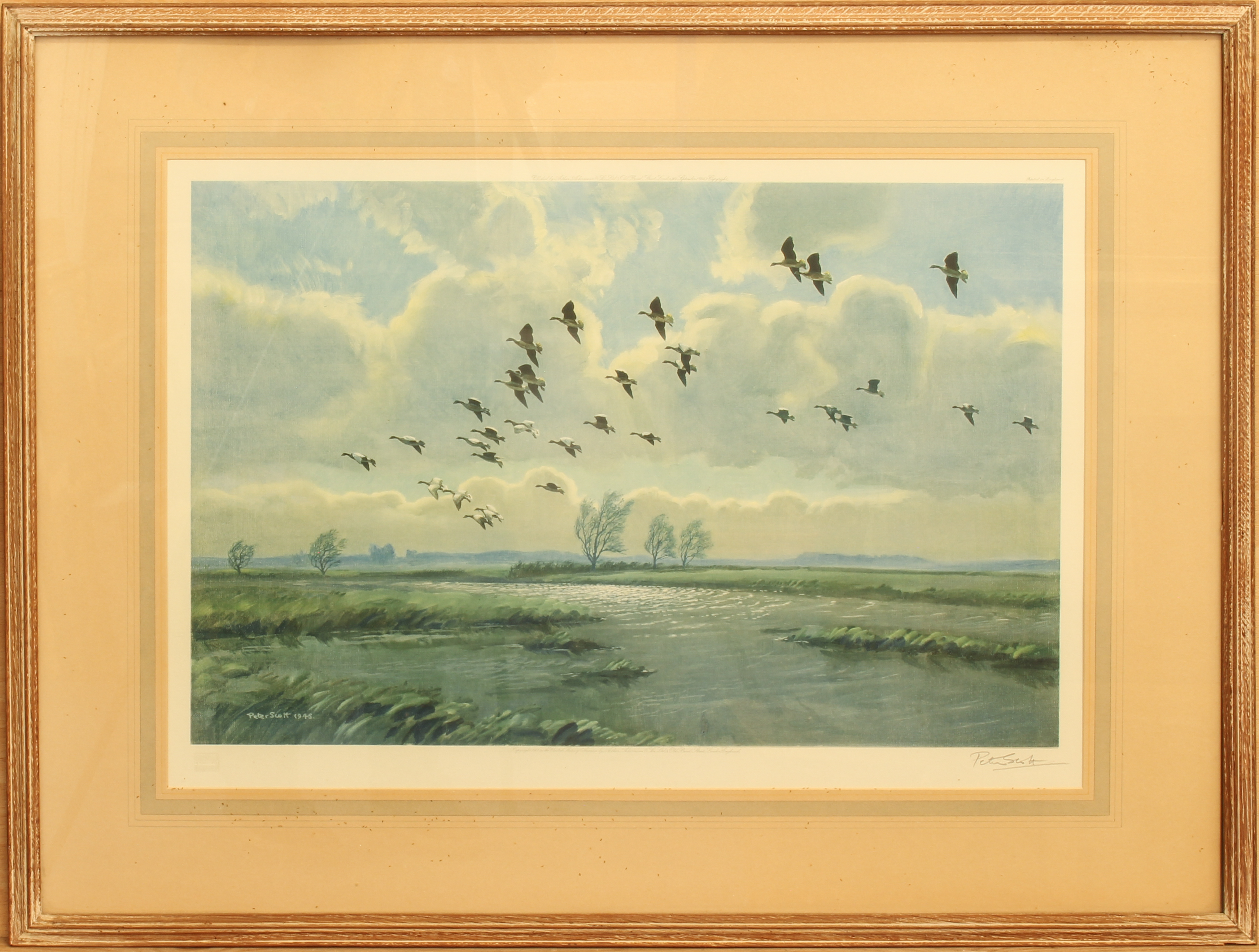 Peter Scott (British, 1909-1989) Geese in flight over salt marshes limited edition colour