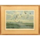 Peter Scott (British, 1909-1989) Geese in flight over salt marshes limited edition colour