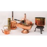 Six pieces of copper and brass ware: a late 19th century copper and brass helmet-shaped coal