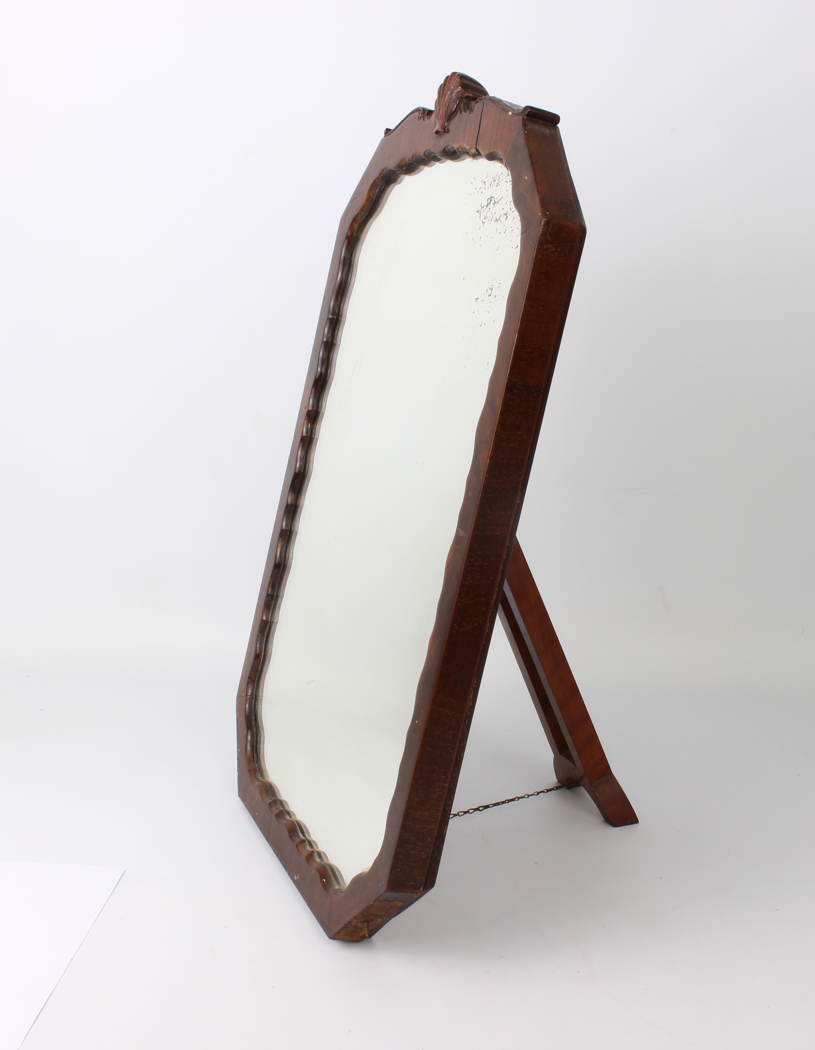 A 1930s octagonal walnut easel back mirror - the frame with serpentine sight edge and shell - Image 2 of 4