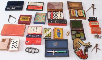 A box of collectables - including a 19th century Tunbridgeware walnut and parquetry cased Besique