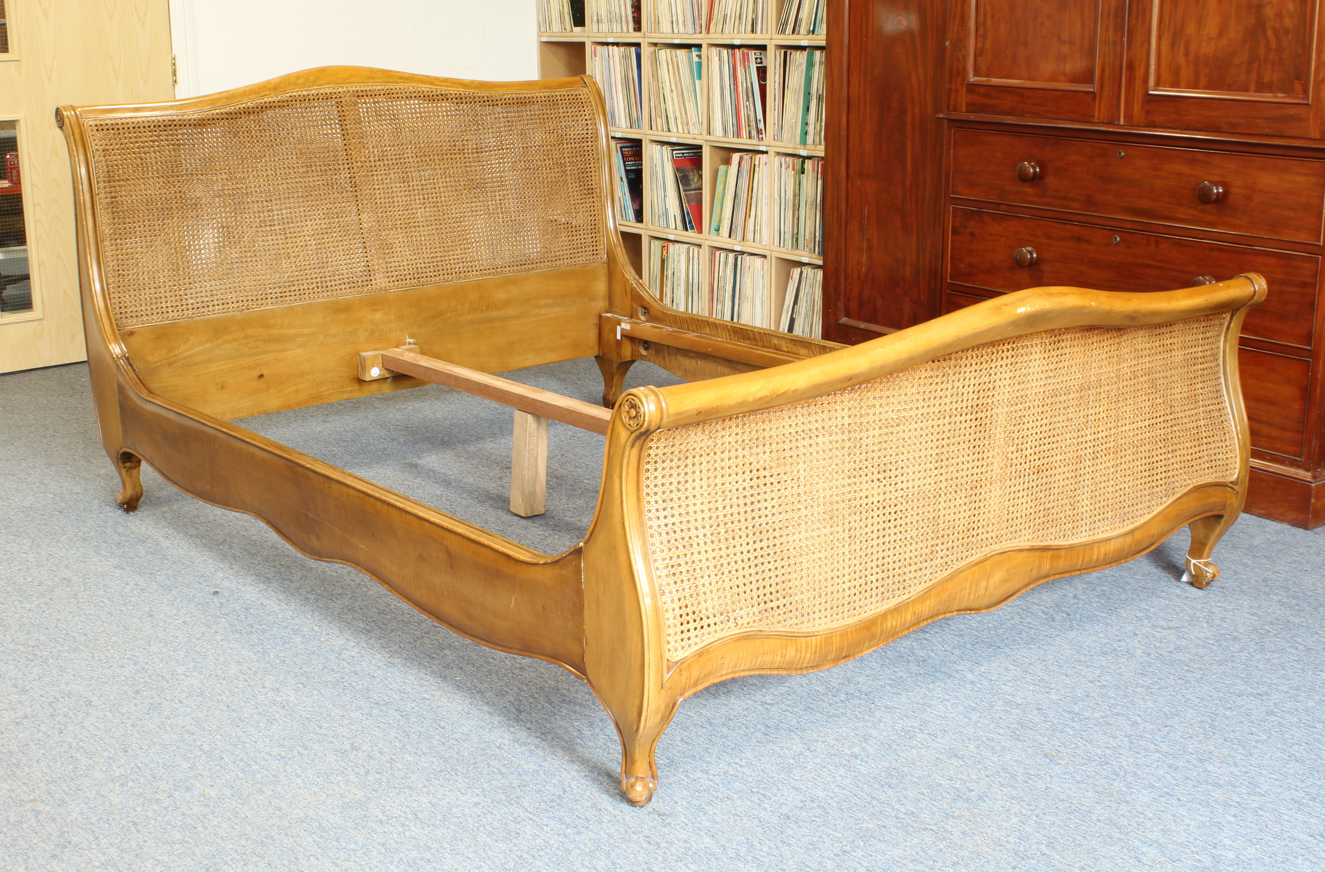 A caned pale mahogany king size sleigh bed - in the French 19th century style, modern, the camel-