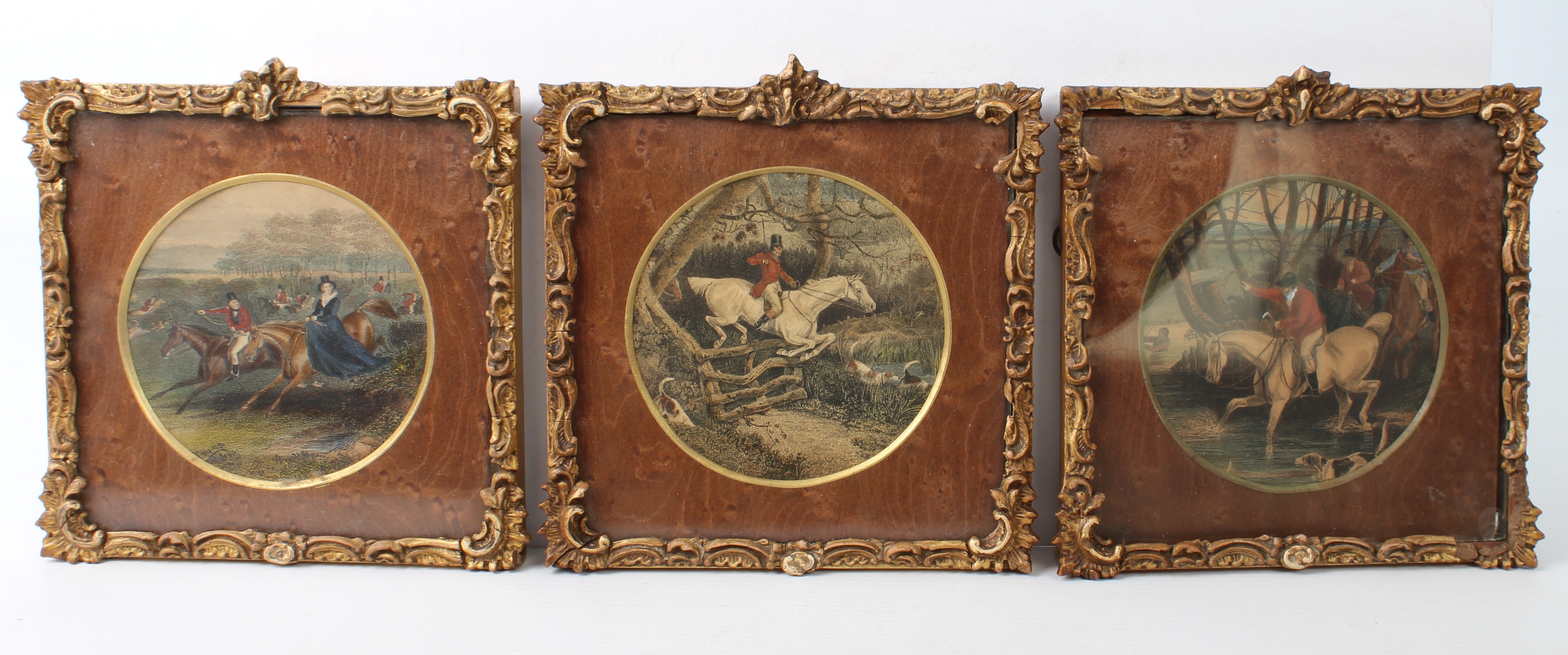 A set of three 19th century hand-coloured miniature engravings - hunting subjects, circular, eng. by