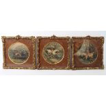 A set of three 19th century hand-coloured miniature engravings - hunting subjects, circular, eng. by