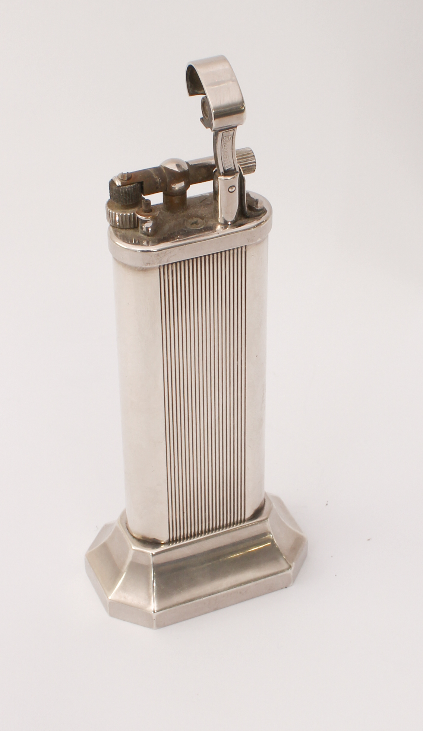 A Dunhill silver-plated tallboy table-lighter - with reeded decoration, on a flared, octagonal base, - Image 2 of 3