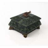 A mottled green marble and brass box - 20th century, of sarcophagus form, the lift-off lid with