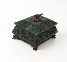 A mottled green marble and brass box - 20th century, of sarcophagus form, the lift-off lid with