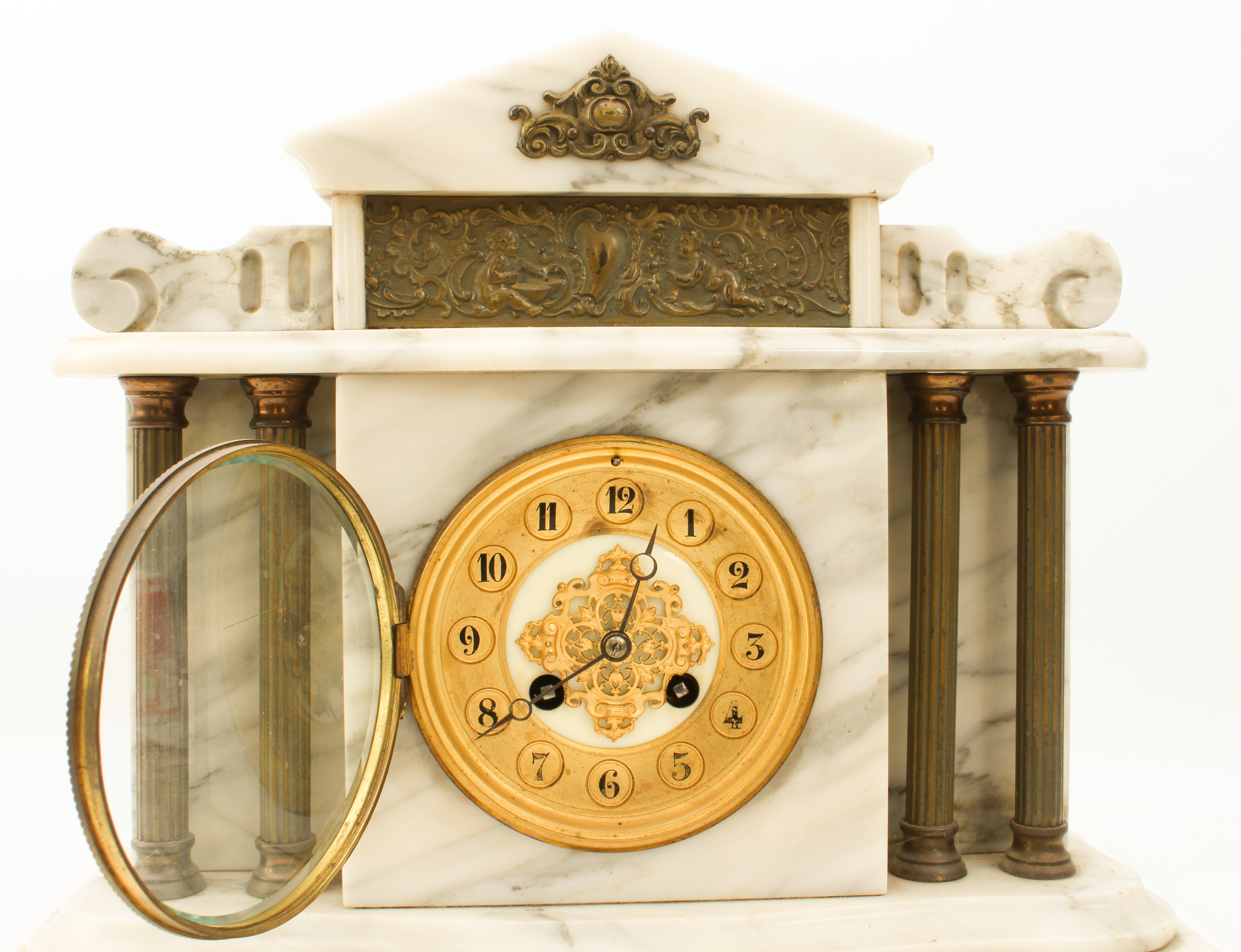 A French white marble eight-day mantel clock - circa 1900, the 10.5 cm ivory enamel and gilt-metal - Image 4 of 6
