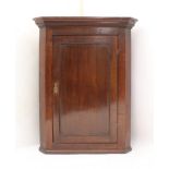A George III oak wall-hanging corner cabinet - with cavetto moulded cornice, single panelled door