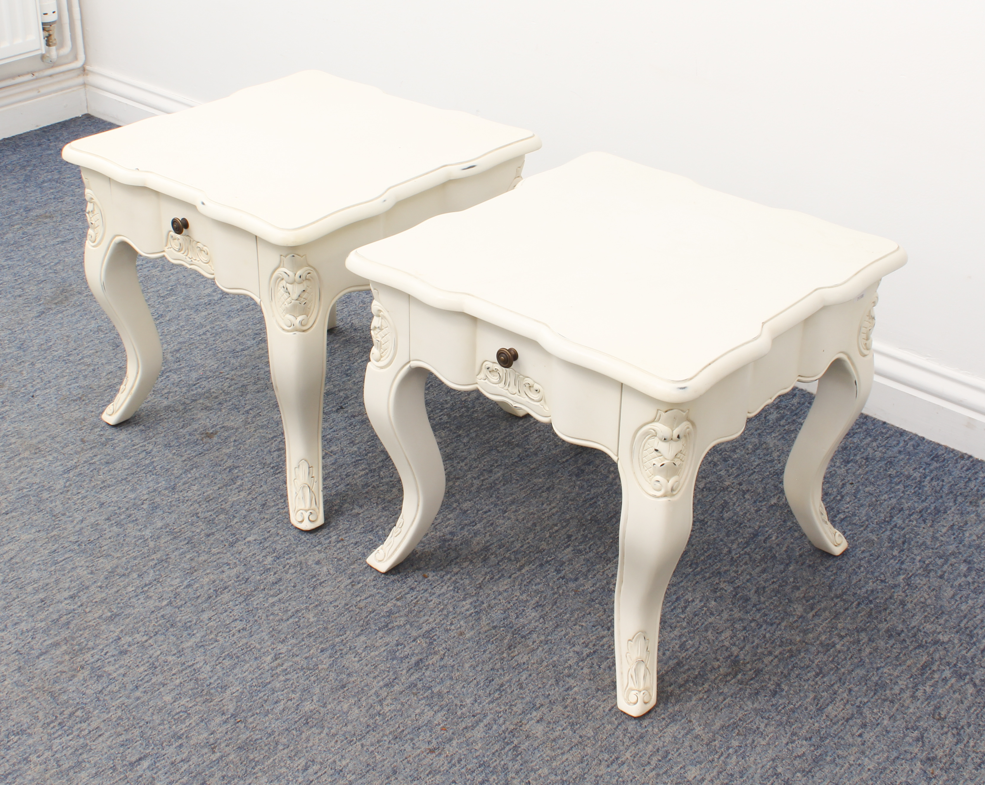 A pair of antique-style off-white painted drinks or bedside tables - modern, the shaped square