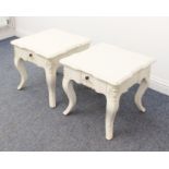 A pair of antique-style off-white painted drinks or bedside tables - modern, the shaped square