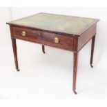 A Regency mahogany writing table - the rectangular top with barber's pole banding and inset tooled