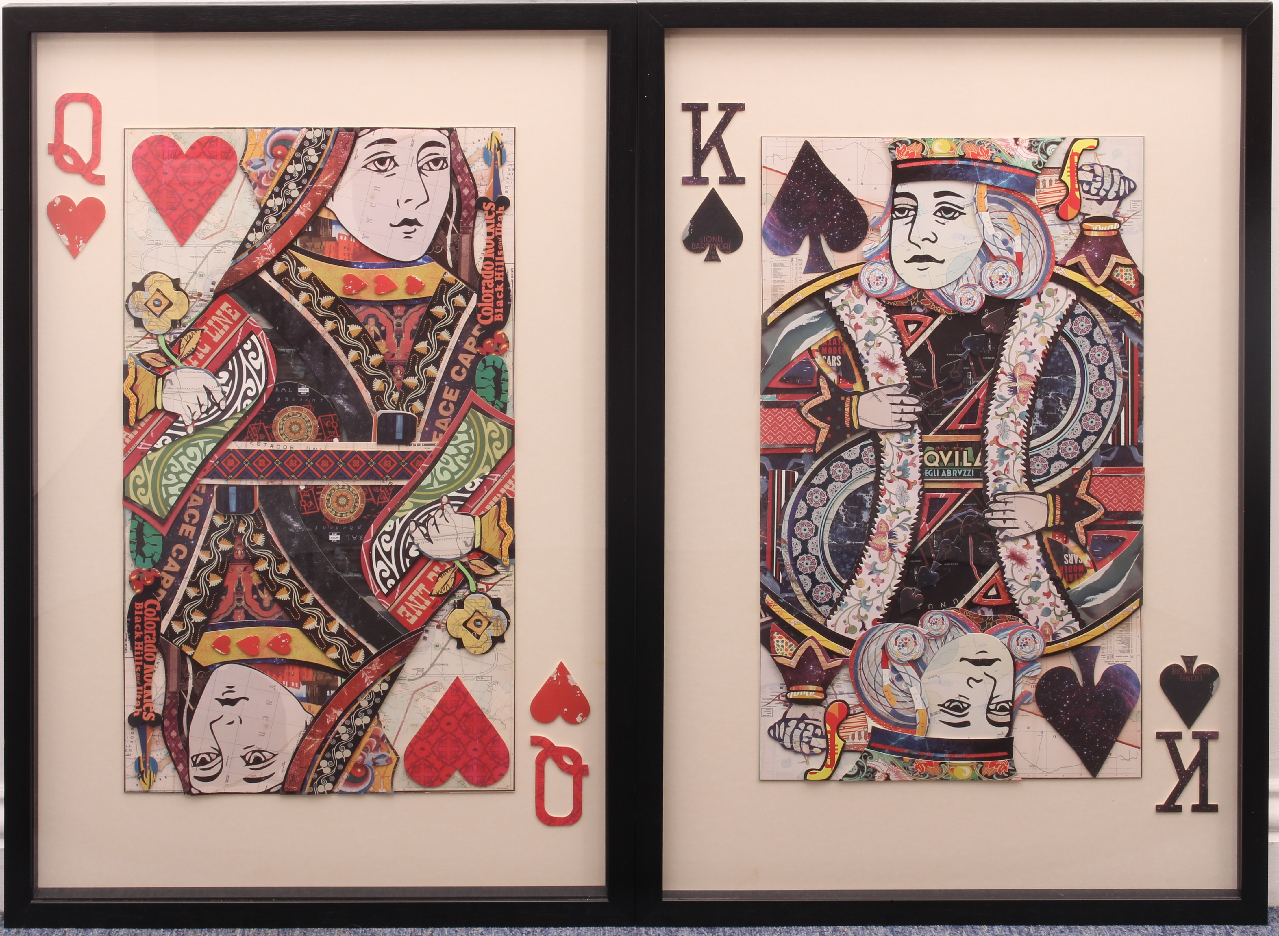 A pair of King and Queen of Hearts playing card collage pictures - modern, with 3D effect, in