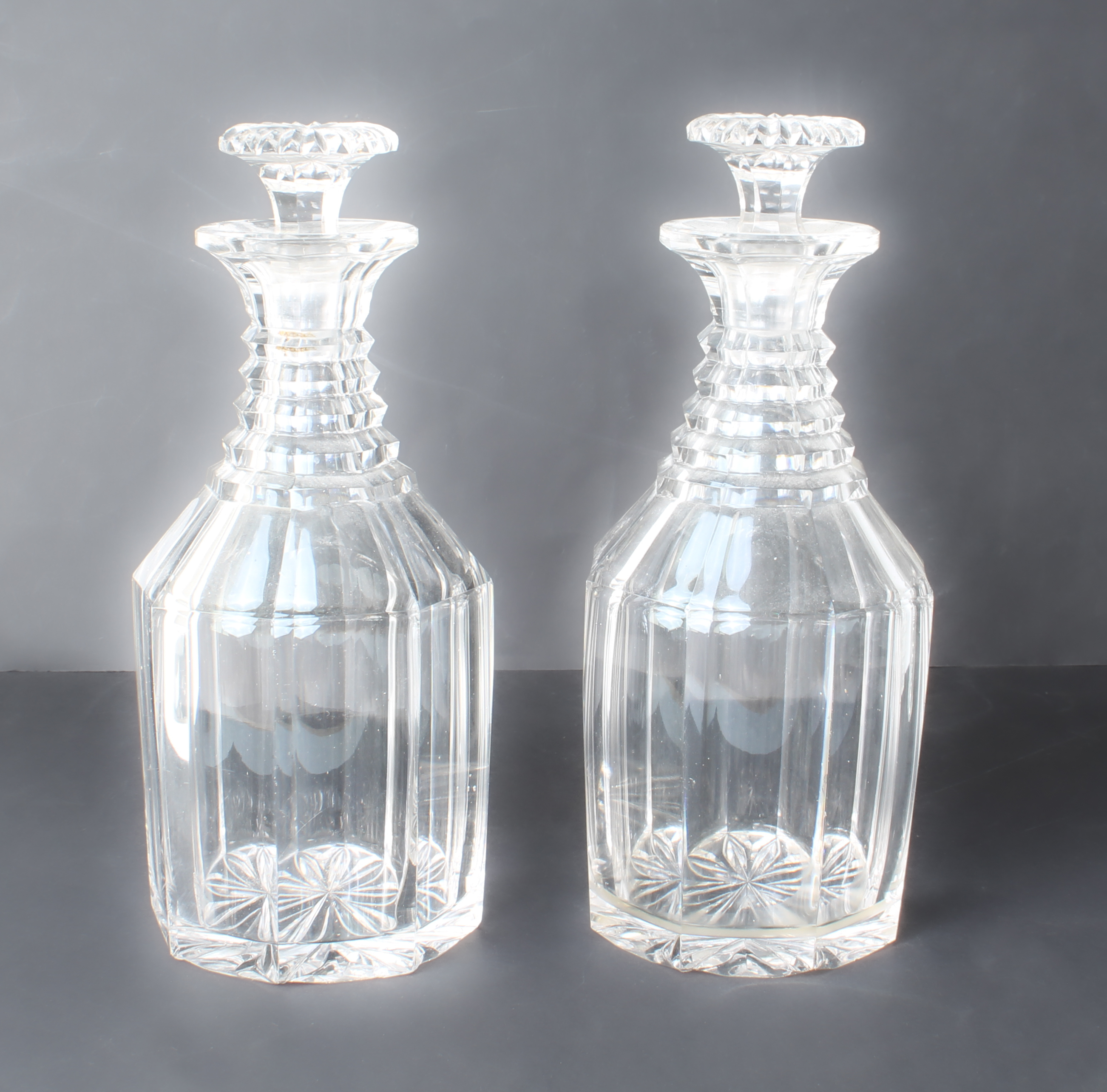 Seven cut glass decanters - a trio of early 20th century square hobnail cut tantalus decanters - Image 3 of 5