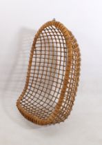 A retro 1970s cane and wicker hanging egg-shaped chair - with iron hanging hook and alternative