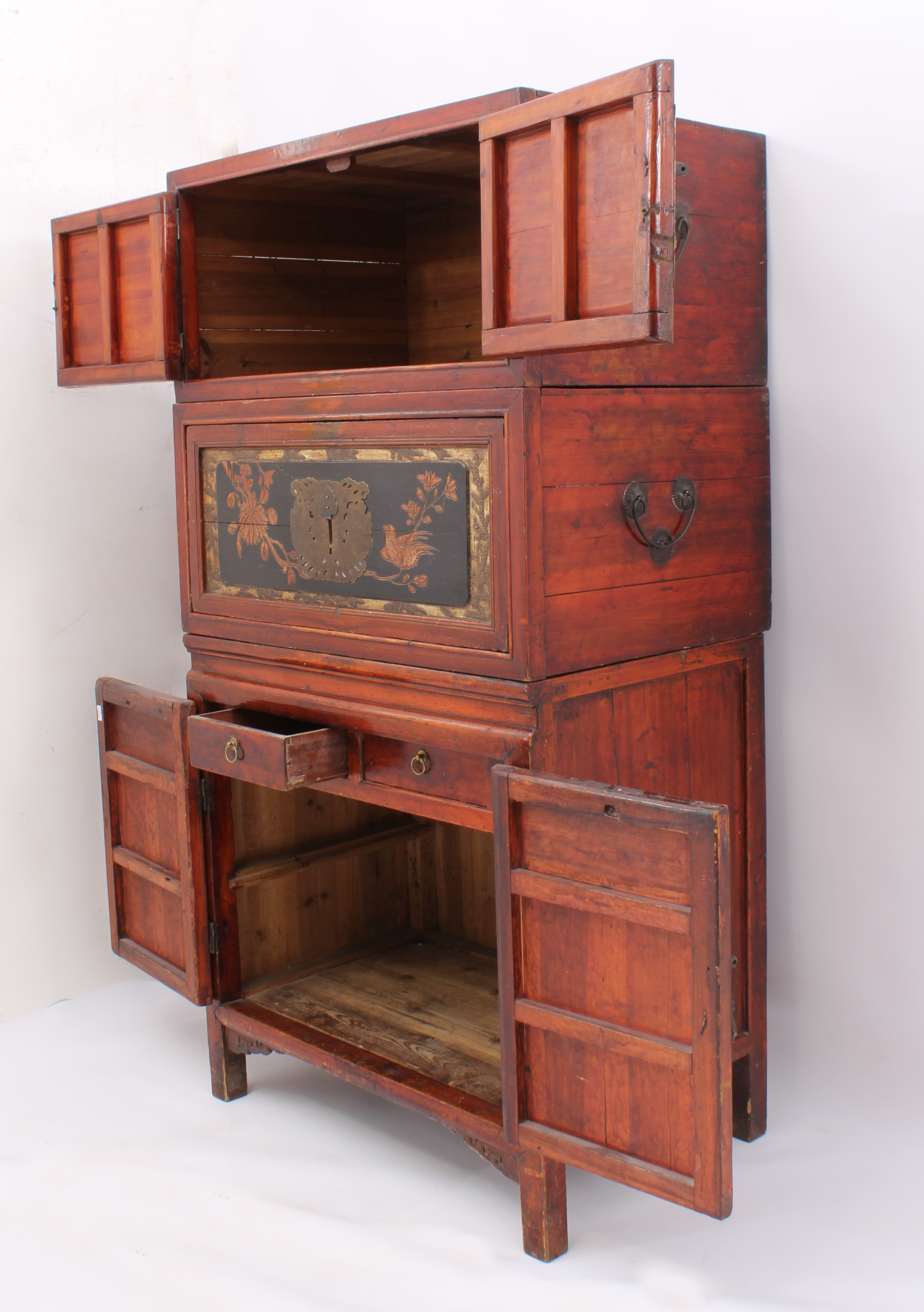 A Chinese red stained pine, lacquered and parcel-gilt three-piece compound cabinet - probably - Image 3 of 6