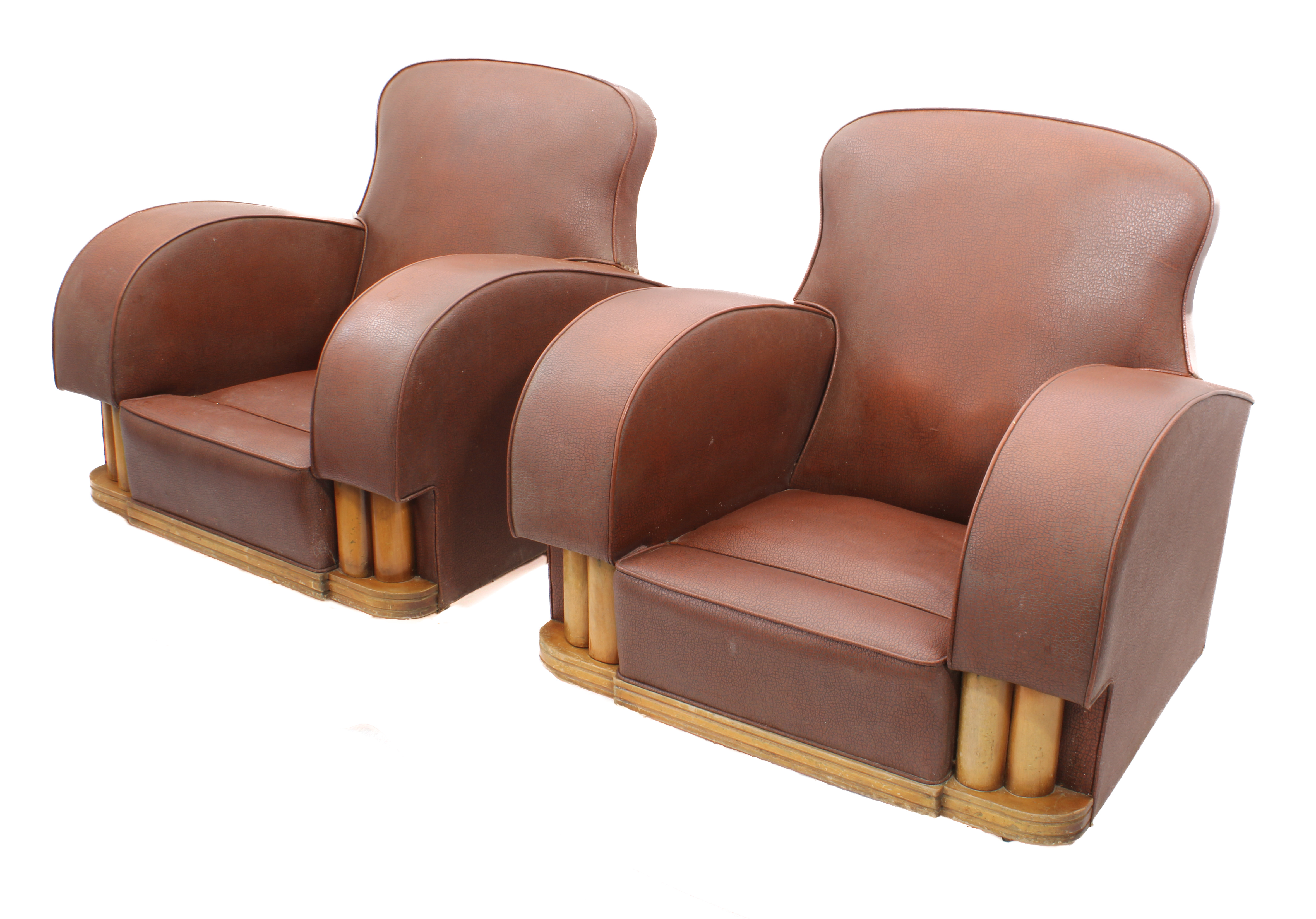 A pair of mid-century Art Deco style armchairs - upholstered in brick red faux-leather, with later - Image 2 of 3