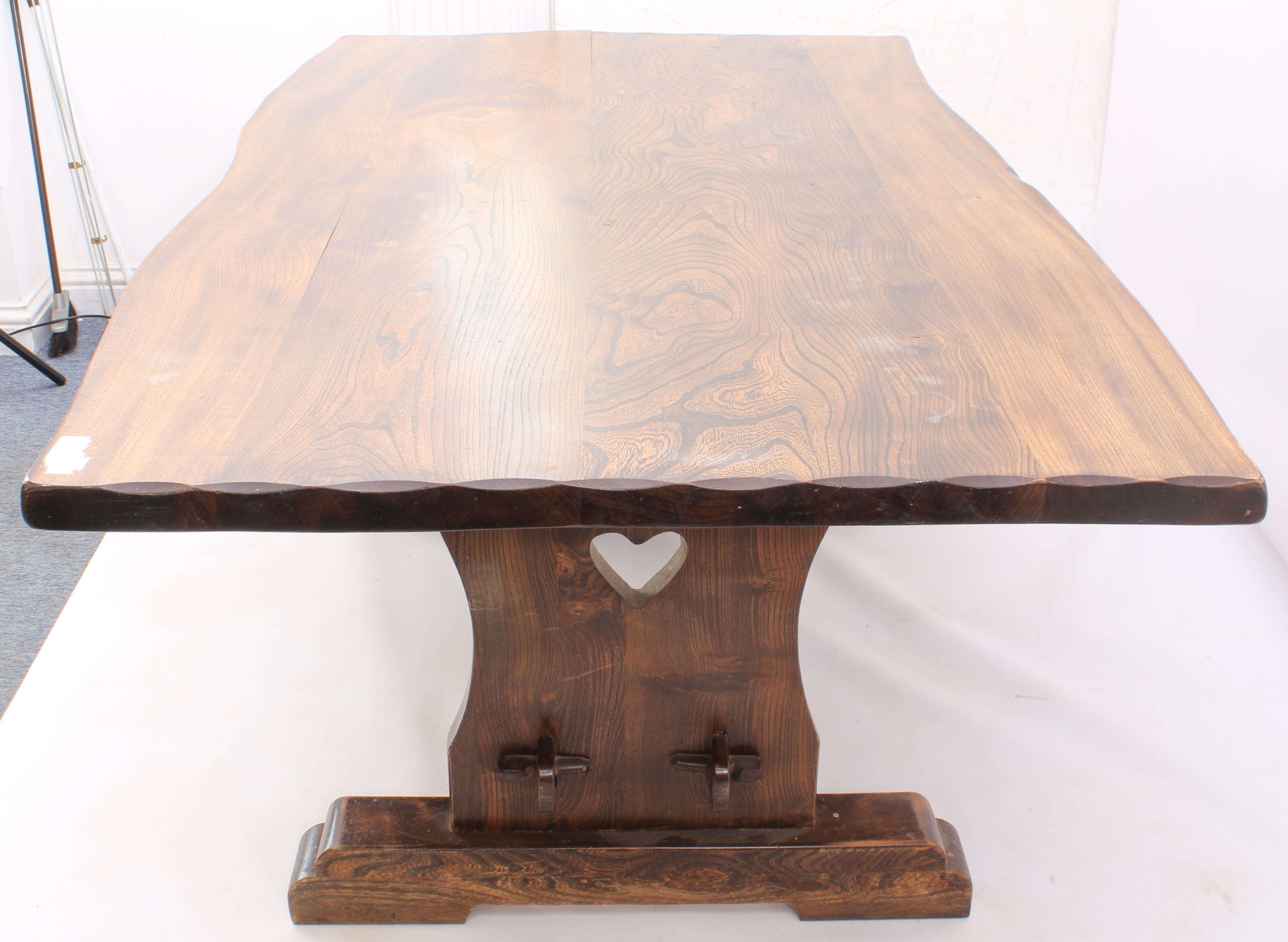 An elm refectory-style dining table - second half 20th century, the top with naturally shaped edge - Image 3 of 4