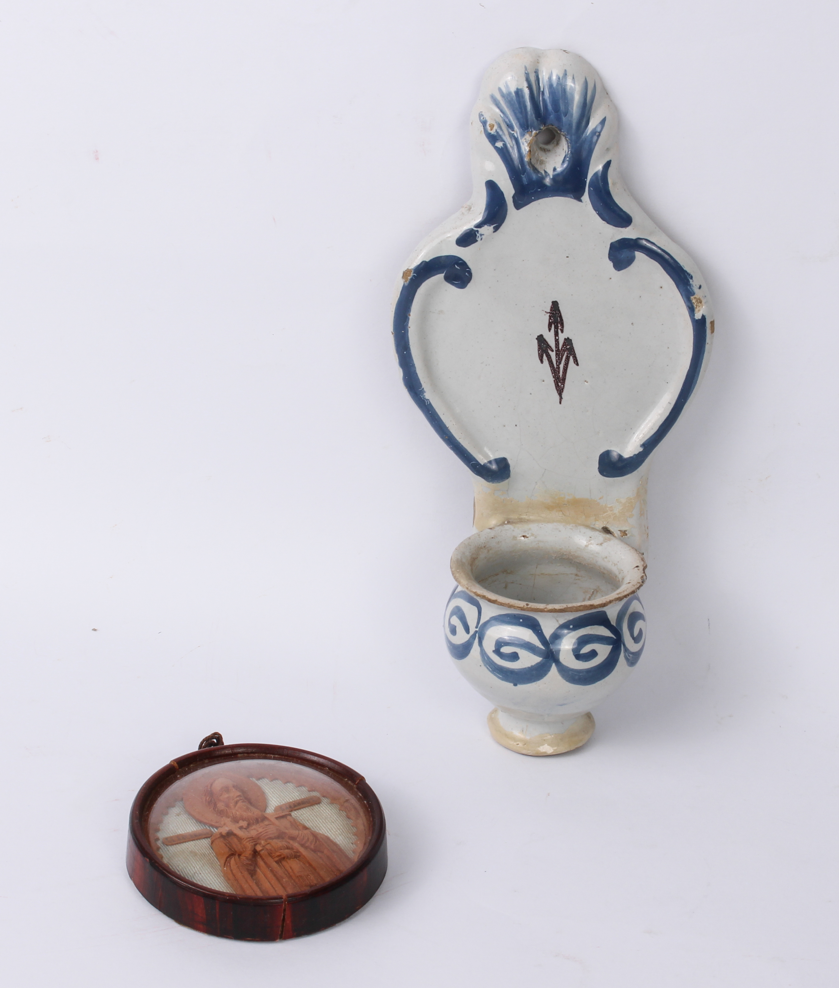 A miniature faience tin glazed buff terracotta miniature wall pocket or font - probably 19th