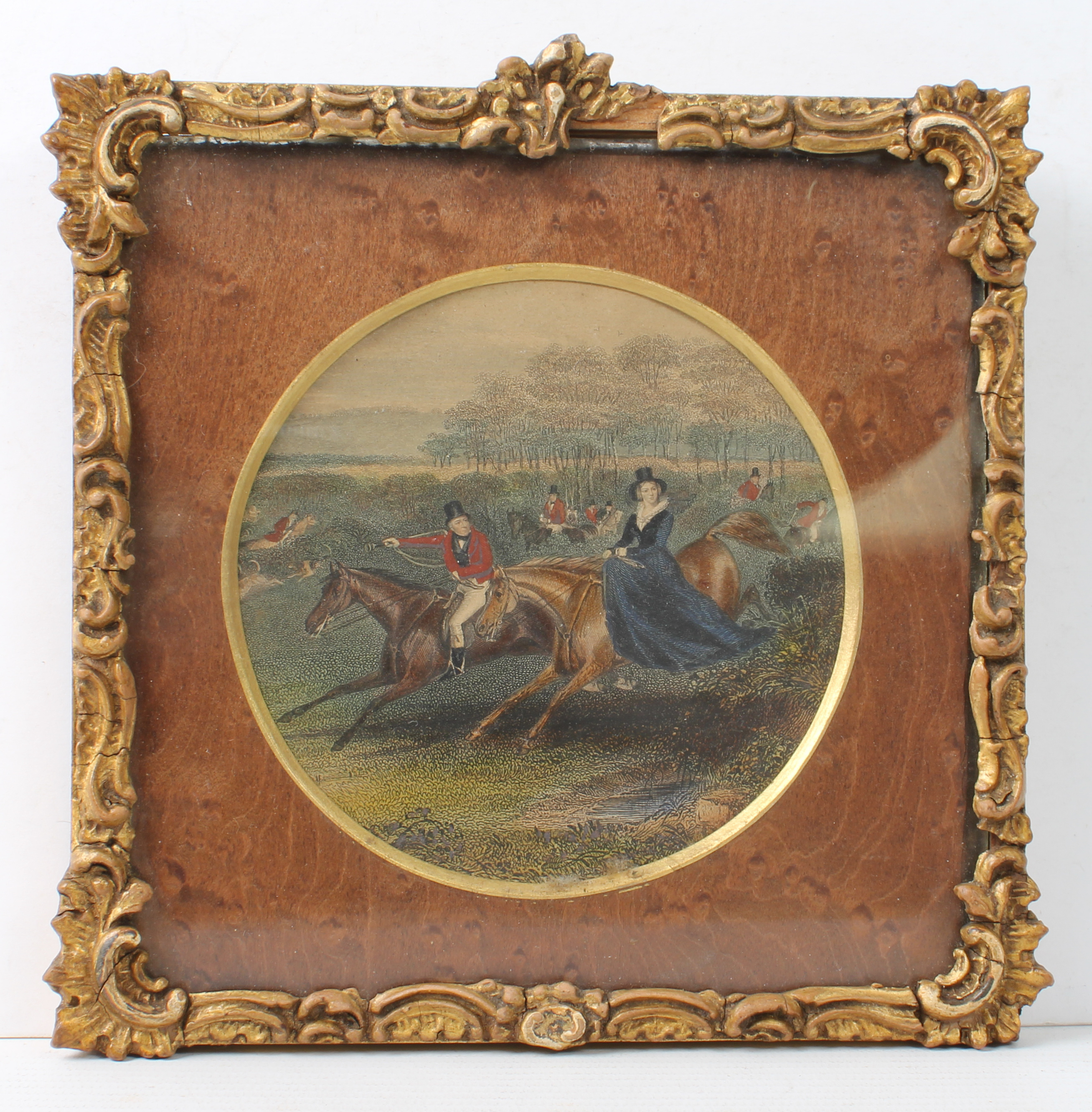 A set of three 19th century hand-coloured miniature engravings - hunting subjects, circular, eng. by - Image 4 of 7