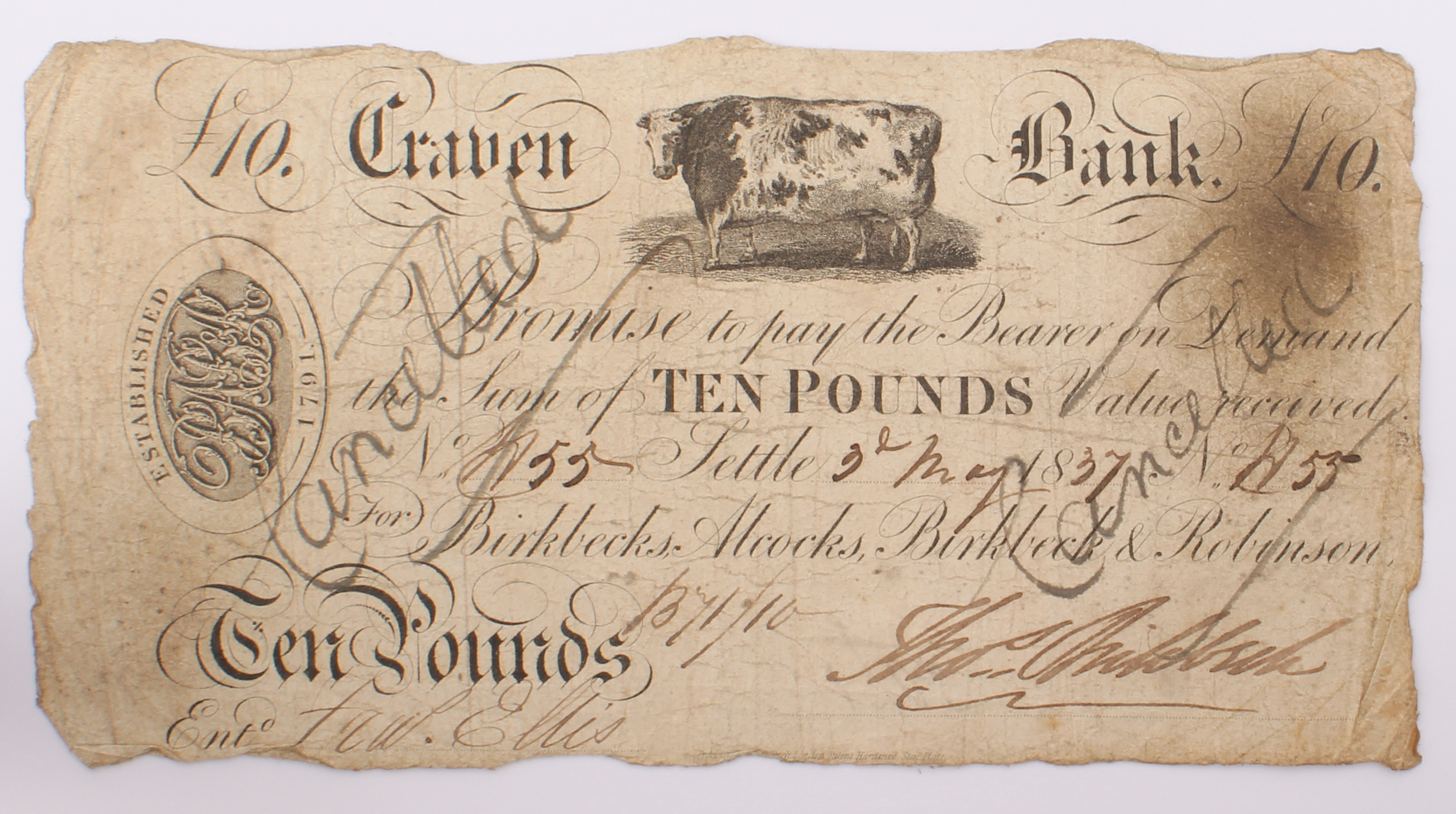 Seven Craven Bank (Settle) banknotes: £10, 1837, Craven Heifer and partners' initials to left, - Image 3 of 14