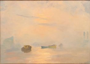 Derek L. Rogers (British, 1910-1987) Boats on a misty estuary at dusk oil on canvas, signed and