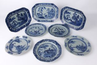 Eight Chinese export porcelain blue and white plates and octagonal platters - late 18th / early 19th