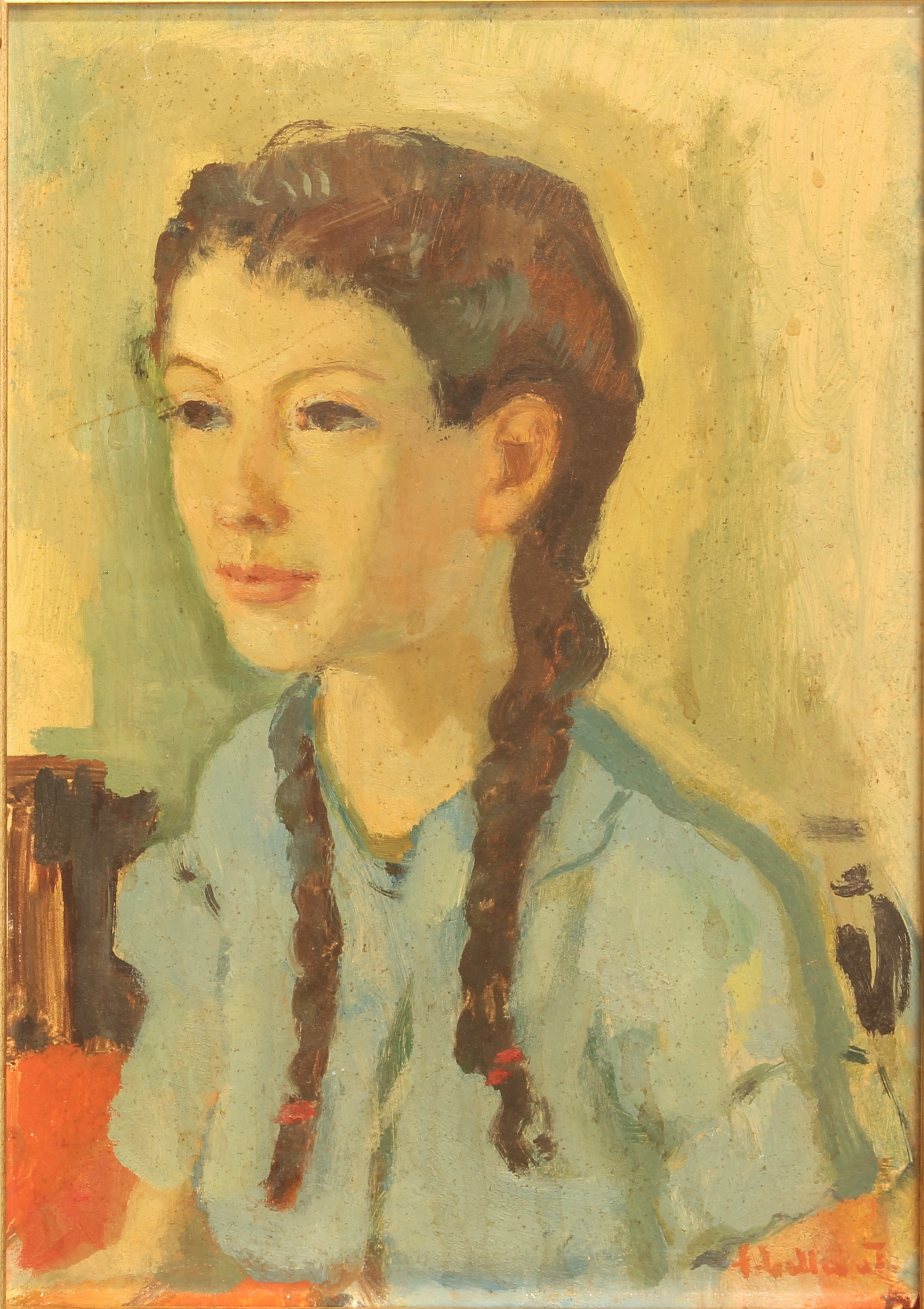 English School (mid-20th century) Portrait of a girl in a blue blouse oil on board, signed